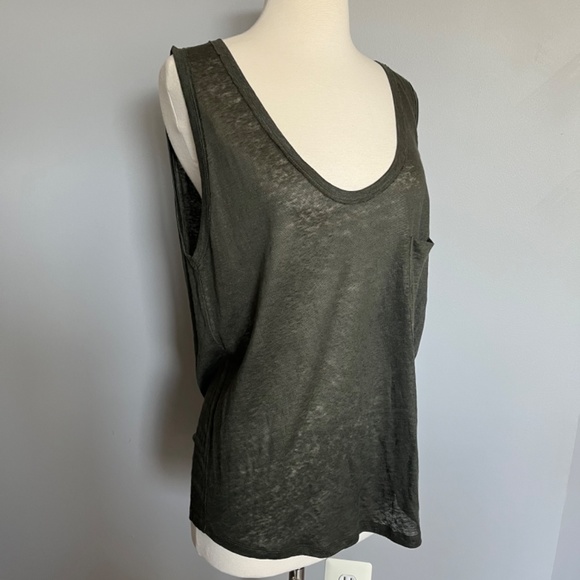 Massimo Dutti 100% Linen Sleeveless Top Oversized Coated Tee Pocket Khaki Green - Picture 15 of 15